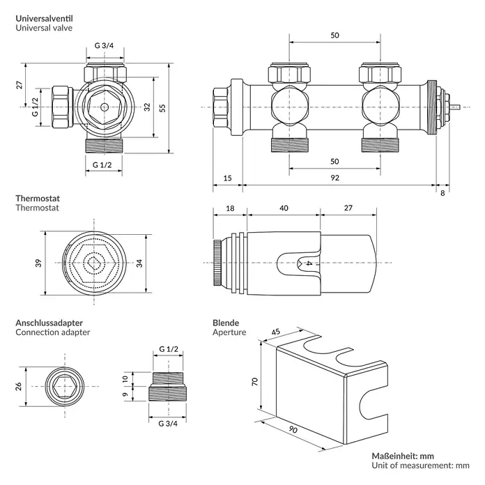 Anschlussgarnitur Badheizkörper Mittelanschluss Universal Schwarz -  - Technische Zeichnungen von Sanitärkomponenten: Universalventil, Thermostat, Anschlussadapter und Abdeckblende, mit Abmessungen.
