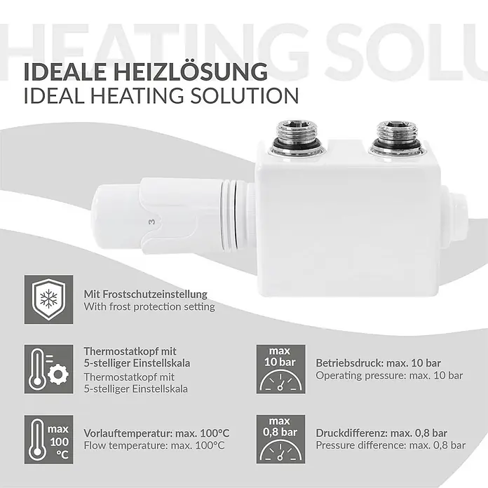 ECD Germany Multiblock Anschlussgarnitur Weiß Universal mit Thermostat -  - Weißer Heizungsregler mit Thermostatkopf und technischen Spezifikationen, inkl. Frostschutz und Druckgrenzen.