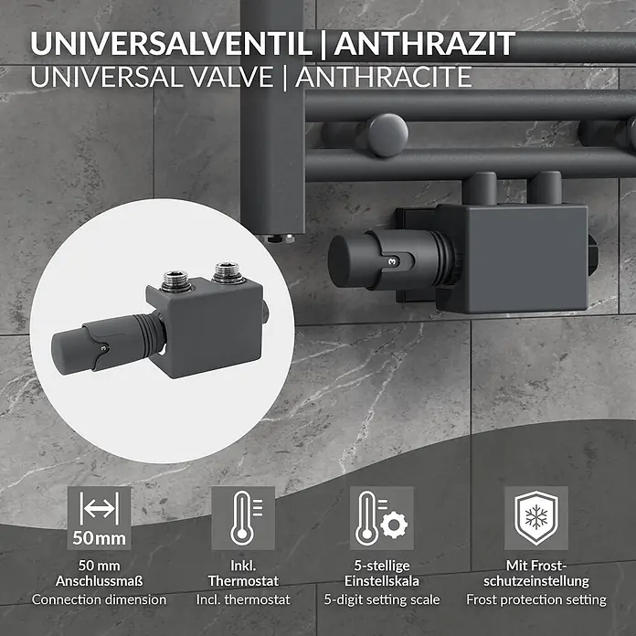 LuxeBath Multiblock Anschlussgarnitur Universal Anthrazit Eck & Durchgang -  - Anthrazit Universal-Heizkörperventil mit integriertem Thermostat, installiert und im Detail gezeigt.