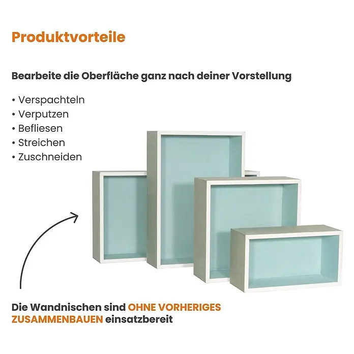 Dalsys CW-Standprofil Wandnische Dusche 30 x 30 x 12cm imprägnierter einbaufertiger Gipskarton - 120 x 300 x 300 mm - Vier unterschiedlich große, vorgefertigte Wandnischen mit hellblauem Innenleben, montagefertig und oberflächenbearbeitbar.