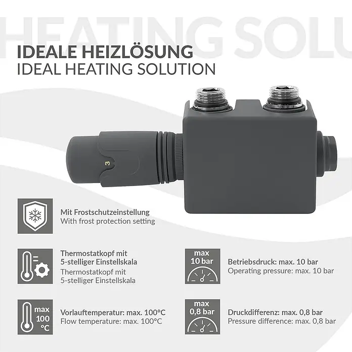 LuxeBath Multiblock Anschlussgarnitur Universal Anthrazit Eck & Durchgang -  - Dunkelgraue Heizungsregeleinheit mit Thermostatkopf und Frostschutzfunktion, ideal für Heizsysteme.