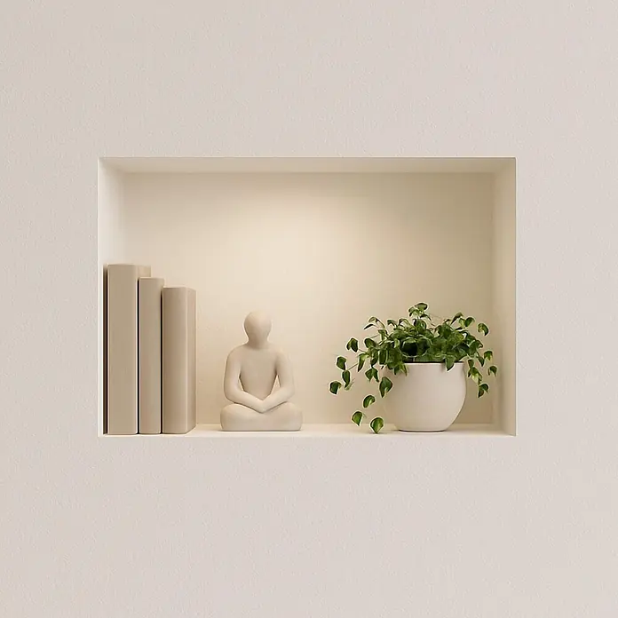 Dalsys CW-Standprofil Wandnische Dusche 30 x 30 x 12cm imprägnierter einbaufertiger Gipskarton - 120 x 300 x 300 mm - Integrierte Wandnische mit hellen Büchern, meditativer Figur und grüner Pflanze in weißem Topf.
