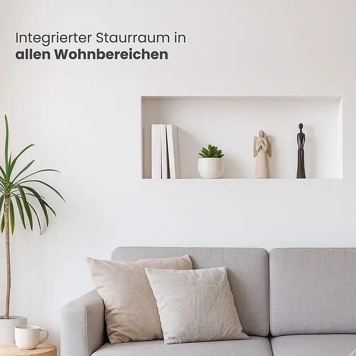Dalsys CW-Standprofil Wandnische Dusche 30 x 30 x 12cm imprägnierter einbaufertiger Gipskarton - 120 x 300 x 300 mm - Modernes Wohnzimmer mit hellgrauem Sofa und integrierten Wandregalen. Text: 'Integrierter Stauraum in allen Wohnbereichen'.