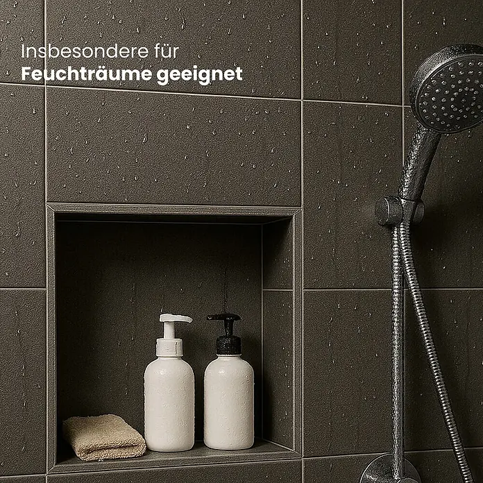 Dalsys CW-Standprofil Wandnische Dusche 30 x 30 x 12cm imprägnierter einbaufertiger Gipskarton - 120 x 300 x 300 mm - Dunkelgraue, strukturierte Duschfliesen mit Wassertropfen, in einer Nische stehen zwei Flaschen und ein Handtuch, ideal für Feuchträume.