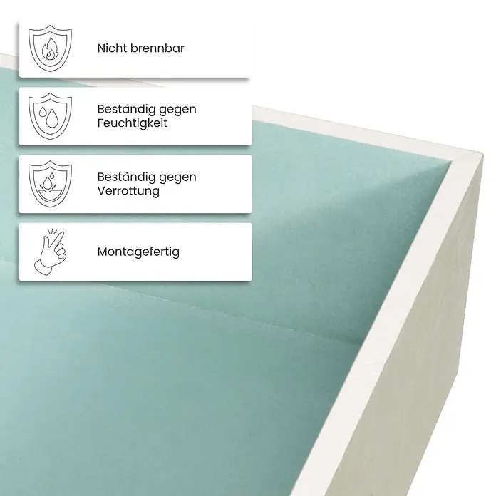 Dalsys CW-Standprofil Wandnische Dusche 30 x 30 x 12cm imprägnierter einbaufertiger Gipskarton - 120 x 300 x 300 mm - Vier weiße Etiketten mit Symbolen beschreiben Produktmerkmale: nicht brennbar, feuchtigkeits- und verrottungsbeständig, montagefertig. Auf hellblaugrüner Oberfläche.