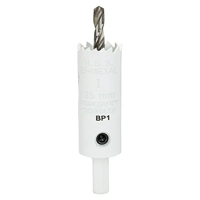 Craftomat Sierra de corona - 25 mm, Acero, Diámetro vástago: 10 mm - Primer plano de una sierra de corona con broca, etiquetada "H.S.S. Bi-METAL 25 mm WEAR SAFETY GOGGLES BP1", diseñada para taladrado preciso.