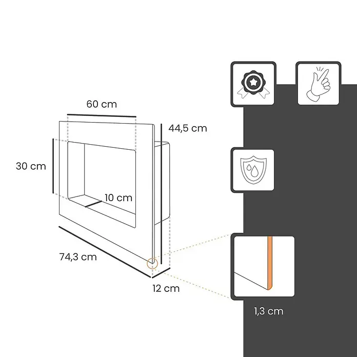 Protektor CW-Standprofil Wandnische 30 x 60cm befliesbar - 300 x 600 x 120 mm - Technische Zeichnung einer rechteckigen Box oder Wandnische mit Außenmaßen von 60 cm Breite, 44,5 cm Höhe und 12 cm Tiefe, und einer Innenöffnung von 30 cm Höhe und 10 cm Tiefe.