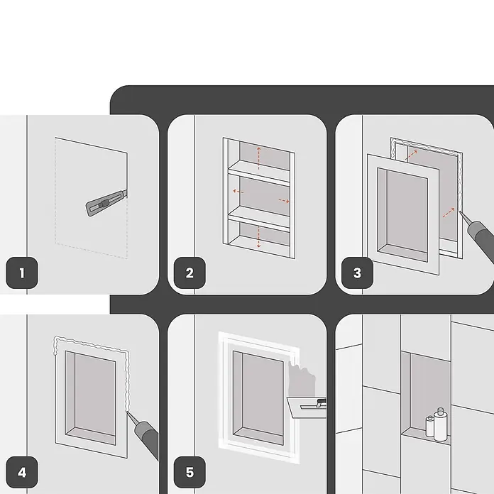 Protektor CW-Standprofil Wandnische 20 x 40cm befliesbar - 200 x 400 x 120 mm - Diagramm zur Installation einer Wandeinbaunische mit Regalböden für eine geflieste Oberfläche.
