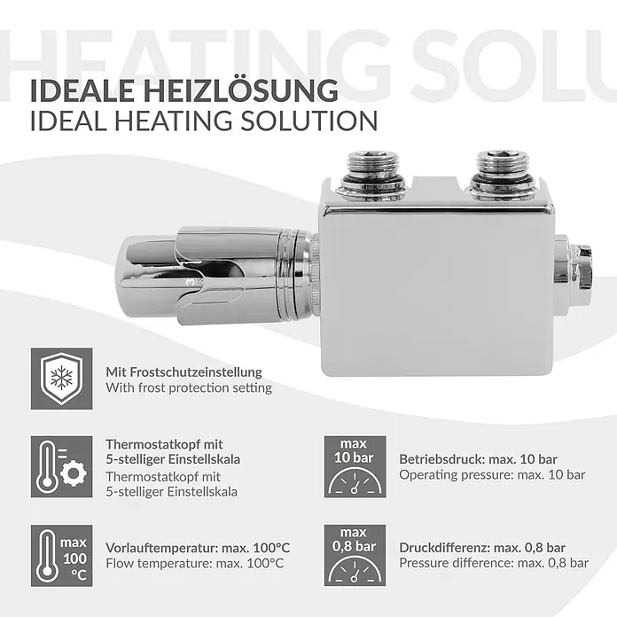 LuxeBath Multiblock Anschlussgarnitur Universal Chrom Eck- Durchgangsform -  - Chromfarbenes Heizungsregelventil mit Thermostatkopf.