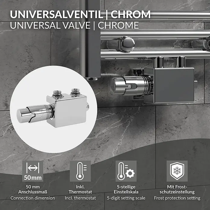 LuxeBath Multiblock Anschlussgarnitur Universal Chrom Eck- Durchgangsform -  - Chrom Universalventil mit Thermostat, 50mm Anschluss, 5-stelliger Skala und Frostschutz.