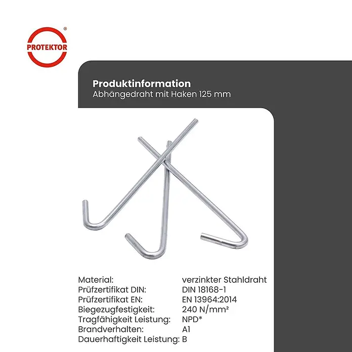 Protektor Montagezubehör für Trockenbau 125mm Abhängedraht mit Haken Silber -  - Drei verzinkte Stahldrähte mit Haken zur Abhängung.