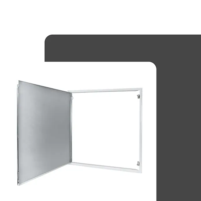 Protektor Montagezubehör für Trockenbau 60cm x 60cm Revisionsklappe Stahl Schnappverschluss Weiß -  - Offene Revisionsklappe mit silbergrauer Tür und weißem Rahmen, die den Innenraum zeigt.
