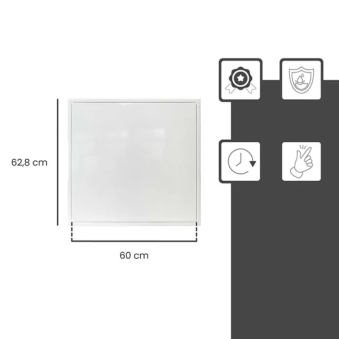 Protektor Montagezubehör für Trockenbau 60cm x 60cm Revisionsklappe Stahl Schnappverschluss Weiß -  - Weißes rechteckiges Paneel, 62,8 cm hoch und 60 cm breit, mit Funktionssymbolen daneben.