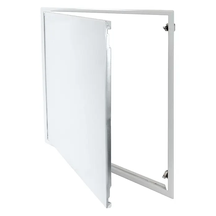 Protektor Montagezubehör für Trockenbau 60cm x 60cm Revisionsklappe Stahl Schnappverschluss Weiß -  - Teilweise geöffnete weiße Metall-Revisionsklappe, die ihren Rahmen zeigt.