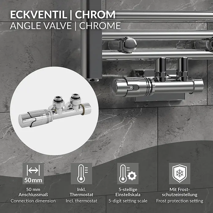 ECD Germany Multiblock Ventil-Armaturen Set Eckform Chrom mit Thermostat -  - Verchromtes Eckventil mit Thermostat, 5-stelliger Einstellskala, 50 mm Anschlussmaß und Frostschutz.