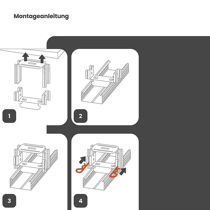 Protektor Montagezubehör für Trockenbau 50x Direktabhänger 40-70mm justierbar für CD Profil 60/27 Silber -  - Montageanleitung für eine Kabeltrassenhalterung, die die Befestigung an einer Oberfläche, das Einsetzen in die Trasse und das Sichern mit Befestigungselementen zeigt.