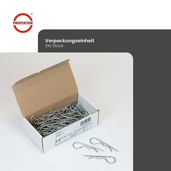 Protektor Montagezubehör für Trockenbau 100x Sicherungsklammer Stahl Silber -  - Eine Schachtel mit 100 silberfarbenen Metall-Sicherungsklammern für Nonius, einige Klammern liegen daneben.