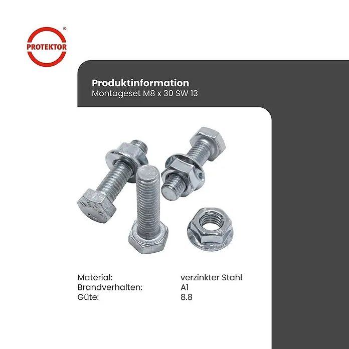 Protektor Montagezubehör für Trockenbau 100x Sechskantschraube M8 x 30 SW13 M8.8 Montage Set A1 Silber -  - Montageset M8 aus verzinktem Stahl mit Schrauben und Muttern.