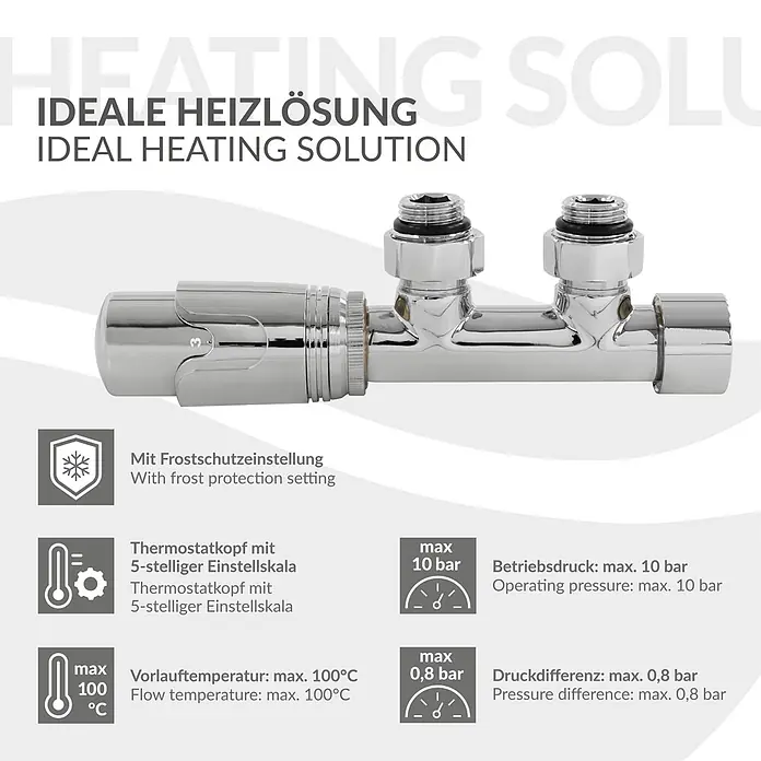ECD Germany Multiblock Ventil-Armaturen Set Eckform Chrom mit Thermostat -  - Verchromtes Thermostat-Heizkörperventil mit Drehknopf und zwei Rohranschlüssen.