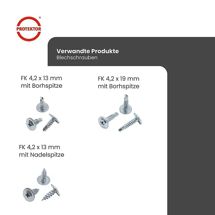 Protektor Montagezubehör für Trockenbau 1000x Blechschraube 4,2mm x 13mm Bohrspitze Silber -  - Silberne Blechschrauben: zwei Längen (13mm, 19mm), einige mit Bohrspitze, andere mit Nadelspitze.