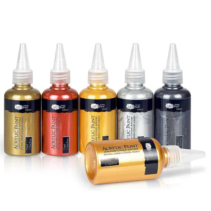 Artina Acrylfarben-Set Crylic -  - Set aus sechs metallic Acrylfarbflaschen in Gold, Kupfer, Silber und Dunkelgrau, mit klaren Düsenkappen.