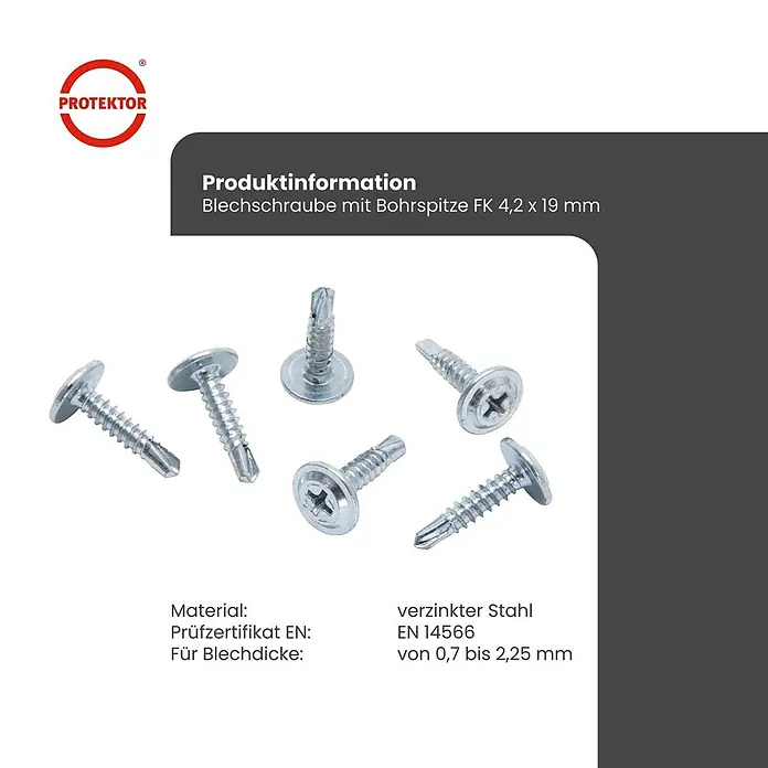 Protektor Montagezubehör für Trockenbau 1000x Blechschraube 4,2mm x 19mm Bohrspitze Silber -  - Verzinkte Blechschrauben mit Bohrspitze, 4,2 x 19 mm.