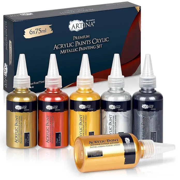 Artina Acrylfarben-Set Crylic -  - Set aus 6 Artina Metallic-Acrylfarben in Quetschflaschen: zwei Goldtöne, Kupfer, Gelb, Silber und Dunkelsilber, mit einer dunkelblauen Box.