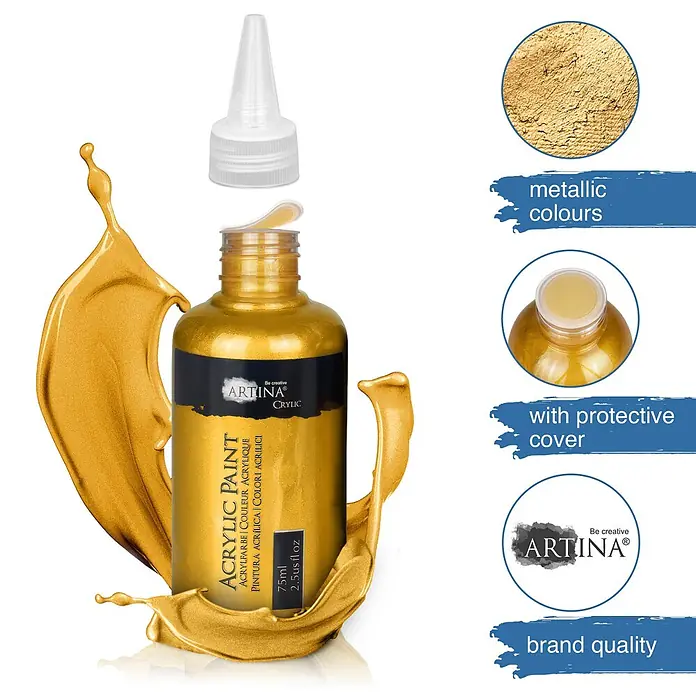 Artina Acrylfarben-Set Crylic -  - Goldene, metallische ARTINA Acrylfarbe in einer 75ml Quetschflasche mit Düsenkappe und sichtbarer Schutzversiegelung, umgeben von goldenen Farbspritzern.