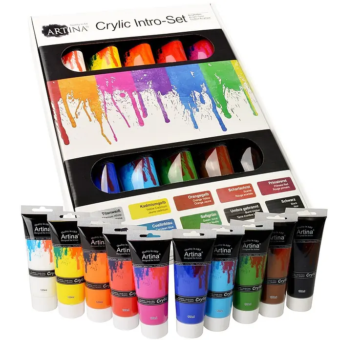 Crylic 10 x 120ml Acrylfarben Set -  - Artina Crylic Intro-Set mit 12 Tuben verschiedener Acrylfarben, Primär- und Sekundärfarben, in und außerhalb der Verpackung.