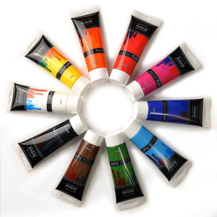 Crylic 10 x 120ml Acrylfarben Set -  - Zehn bunte Artina Crylic 120ml Acrylfarbtuben im Kreis angeordnet.