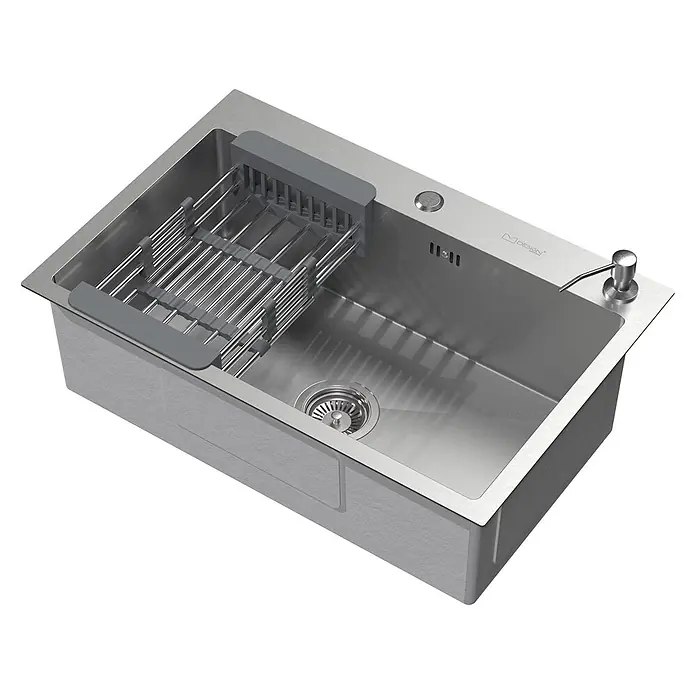 Spülbecken Edelstahl 1 Becken 68x45 cm mit Siphon und Seifenspender -  - Edelstahl-Küchenspüle mit integriertem Abtropfgestell, Seifenspender und Druckknopfsteuerung.