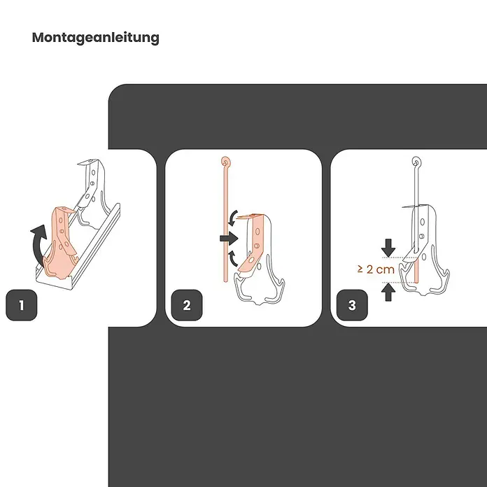 Protektor Montagezubehör für Trockenbau Schnellabhänger CD Profil 60/27 Silber -  - Montageanleitung für eine pfirsichfarbene Halterung und Stange. Die Stange wird eingesetzt und heruntergedrückt, um sie zu sichern.