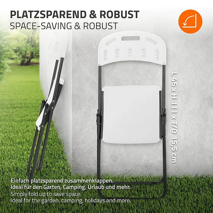 ECD Germany Gartenstuhl Balkonstuhl Rattan-Optik mit Metallrahmen Campingstuhl bis 200kg - 4 Stk., Stahl, HDPE-Kunststoff, Dunkelgrau, Weiß - Weißer Klappstuhl, geöffnet und kompakt zusammengeklappt, betont platzsparendes Design.