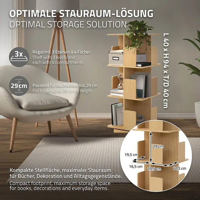 ML-Design Holzregal Spielzeugregal drehbar 360 Grad Regal Standregal freistehend Drehregal - Anzahl Böden: 5 Stk., Beige - Helles Holz drehbares Bücherregal mit 3 Ebenen, je 4 Fächern, für Bücher bis 29cm Höhe. 40x94x40cm.