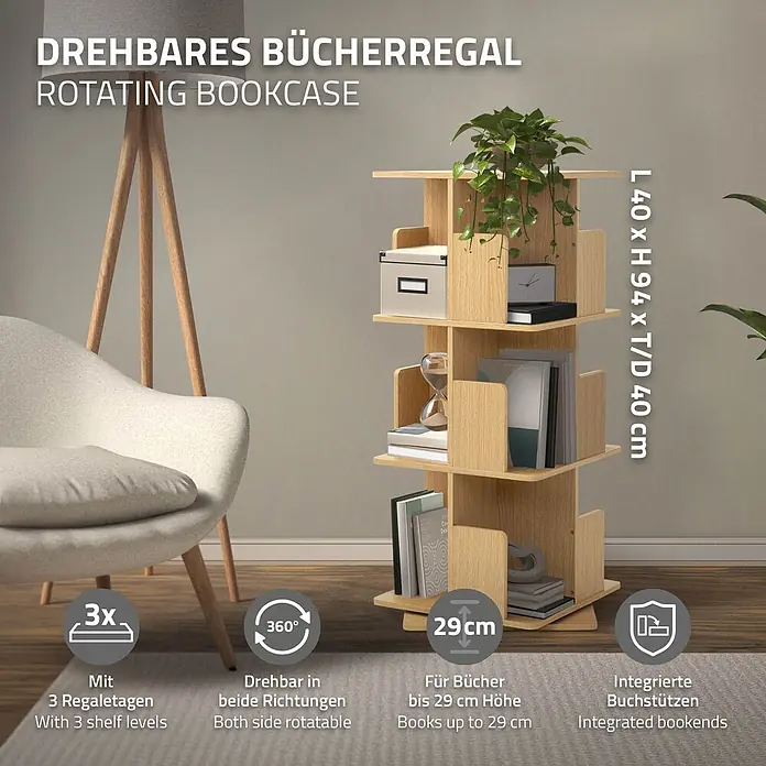 ML-Design Holzregal Spielzeugregal drehbar 360 Grad Regal Standregal freistehend Drehregal - Anzahl Böden: 5 Stk., Beige - Drehbares Bücherregal aus hellem Holz mit 3 Regalböden, gefüllt mit Büchern, in einem Wohnzimmer. Mit 360°-Rotation und integrierten Buchstützen.