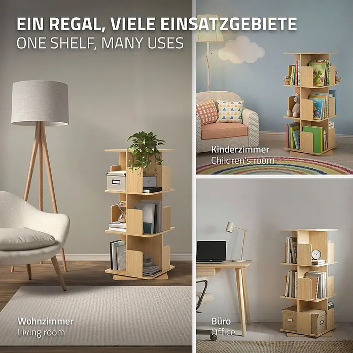 ML-Design Holzregal Spielzeugregal drehbar 360 Grad Regal Standregal freistehend Drehregal - Anzahl Böden: 5 Stk., Beige - Drehbares Bücherregal aus hellem Holz, vielseitig einsetzbar in Wohnzimmer, Kinderzimmer und Büro.