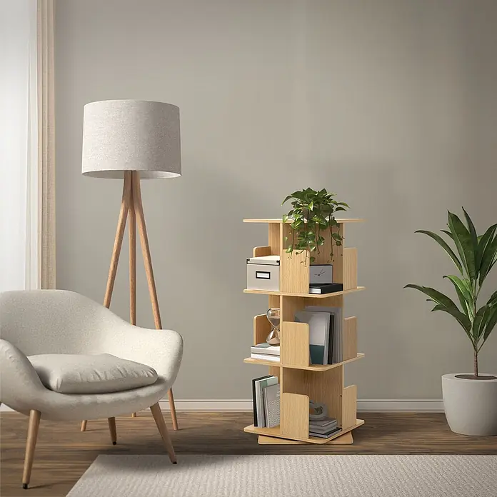 ML-Design Holzregal Spielzeugregal drehbar 360 Grad Regal Standregal freistehend Drehregal - Anzahl Böden: 5 Stk., Beige - Helles Holz drehbares Bücherregal, gefüllt mit Büchern und Deko, in einem modernen Wohnzimmer.