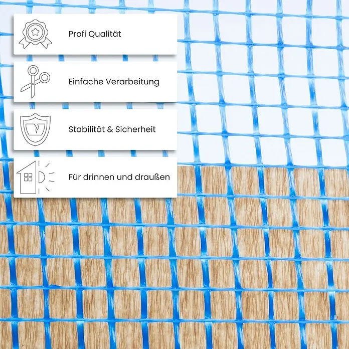 Dalsys Gitterbewehrungsstreifen Balkenfix 50m x 33cm, 140 g/m², 10 x 10mm - L x B: 50.000 x 330 mm - Blaues Gittergeflecht auf weißem und braunem Hintergrund, betont Profi-Qualität, einfache Verarbeitung, Stabilität, Sicherheit und Eignung für drinnen & draußen.