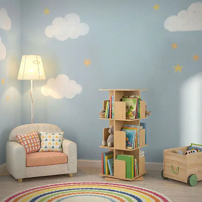 ML-Design Holzregal Spielzeugregal drehbar 360 Grad Regal Standregal freistehend Drehregal - Anzahl Böden: 5 Stk., Beige - Drehbarer Bücherregal aus hellem Holz, gefüllt mit bunten Kinderbüchern und Spielzeug in einem gemütlichen Kinderzimmer.