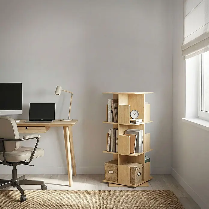 ML-Design Holzregal Spielzeugregal drehbar 360 Grad Regal Standregal freistehend Drehregal - Anzahl Böden: 5 Stk., Beige - Ein drehbarer Bücherregal aus hellem Holz, gefüllt mit Büchern und dekorativen Aufbewahrungsboxen, in einem modernen Homeoffice.