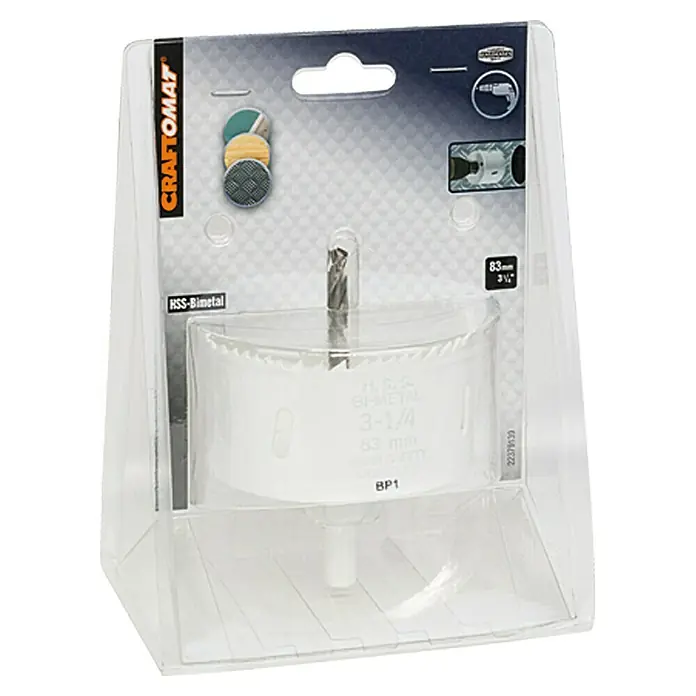 Craftomat Sierra de corona - 83 mm, Acero, Diámetro vástago: 10 mm - Primer plano de la sierra perforadora CRAFTOMAT, bimetálica, de 83mm, en un embalaje transparente, ideal para trabajos de madera precisos.