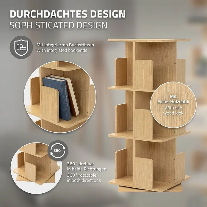ML-Design Holzregal Spielzeugregal drehbar 360 Grad Regal Standregal freistehend Drehregal - Anzahl Böden: 5 Stk., Beige - Drehbares Bücherregal in Eiche-Holzoptik mit integrierten Buchstützen, 360° drehbar.