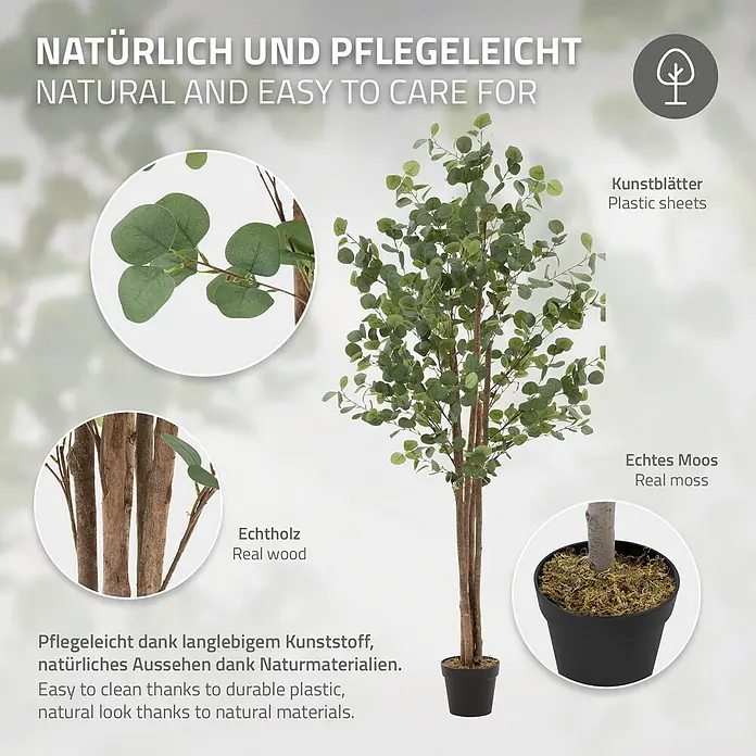 ML-Design Kunstpflanze Kunstbaum Eukalyptus für Innen & Außen mit Echtem Moos & Echtholzstamm - Blütenfarbe: Grün, Holz - Künstlicher Eukalyptusbaum mit Kunststoffblättern, Echtholzstämmen und echtem Moos für ein natürliches, pflegeleichtes Aussehen.