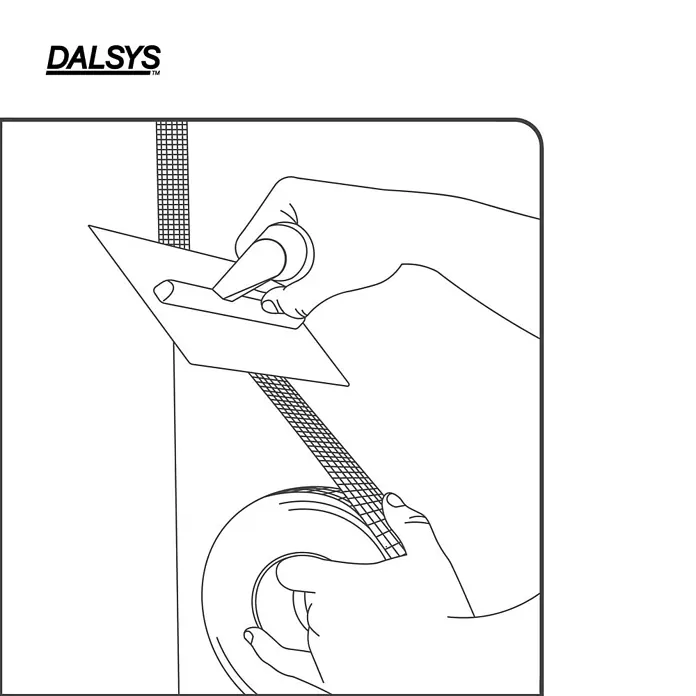 Dalsys Fugenband 20m Gewebeband 5cm, für Innenbau Weiß - 20.000 x 50 mm - Hände bringen Netzband von einer Rolle mit einer Spachtel an.