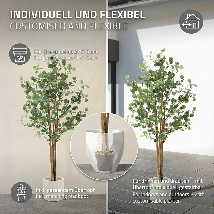ML-Design Kunstpflanze Kunstbaum Eukalyptus für Innen & Außen mit Echtem Moos & Echtholzstamm - Blütenfarbe: Grün, Holz - Künstliche grüne Eukalyptuspflanze mit braunen Stämmen, für innen und außen geeignet, angeboten mit passendem oder anpassbarem Übertopf.