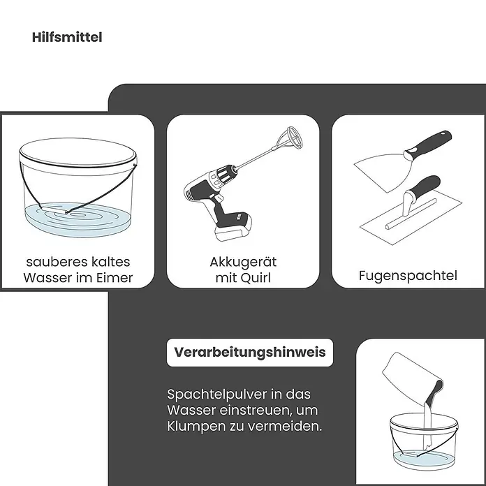 Dalsys Kantenschutz für Trockenbau 30m Kantenschutz 5cm Trockenbau Weiß - Weiß - Hilfsmittel zum Anrühren von Spachtelmasse: Eimer mit Wasser, Akku-Rührgerät, Spachtel. Hinweis: Pulver ins Wasser streuen, um Klumpen zu vermeiden.