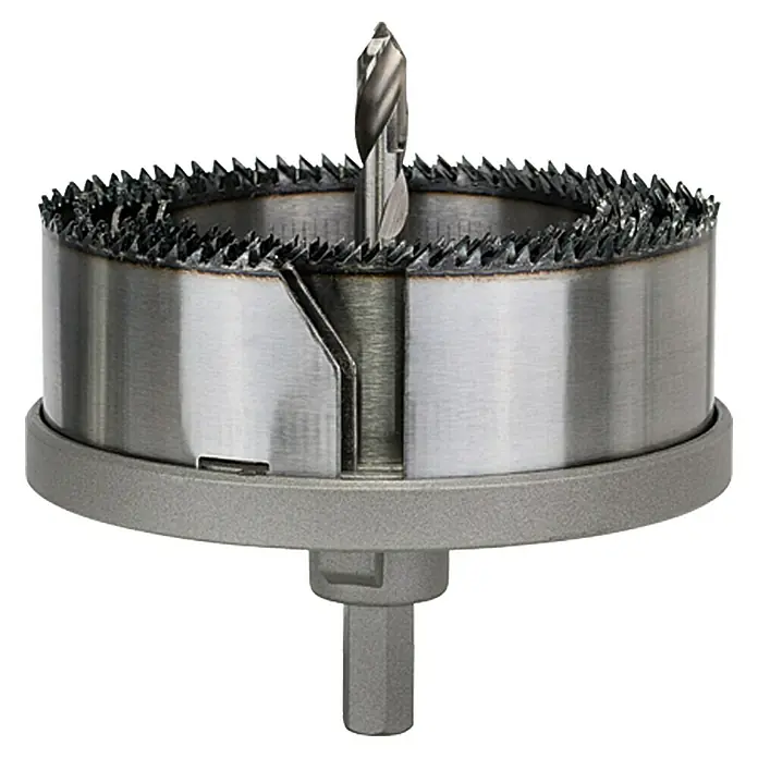 Craftomat Mehrkranzlochsäge - 68 mm - 100 mm, Stahl, Schnitttiefe: Max. 31 mm - Das Bild zeigt eine Lochsäge, ein Werkzeug zum Bohren großer Löcher, mit Zentrierbohrer, ideal für präzise Schnitte in verschiedenen Materialien.