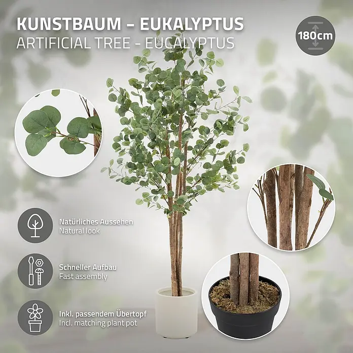 ML-Design Kunstpflanze Kunstbaum Eukalyptus für Innen & Außen mit Echtem Moos & Echtholzstamm - Blütenfarbe: Grün, Holz - 180cm großer künstlicher Eukalyptusbaum in einem weißen Topf, mit realistischen Blättern und Stämmen. Inklusive passendem Übertopf für schnelle Montage.