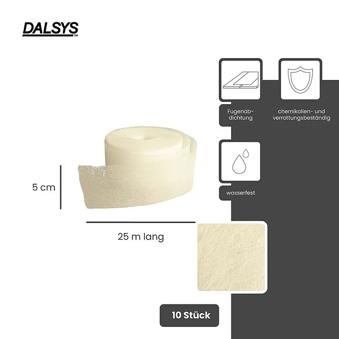 Dalsys Fugenband 10x Glasfaser 25m x 5cm Weiß - 25.000 x 50 mm - Hellbeiges Dichtungsband, 5 cm breit und 25 m lang, wasserfest, chemikalien- und verrottungsbeständig, 10 Stück.