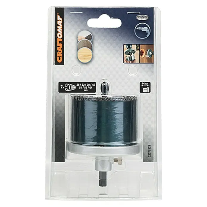 Craftomat Sierra de corona múltiple - 26 mm - 64 mm, Acero, Profundidad de corte: Máx. 44 mm - La imagen muestra una sierra de corona Craftomat en un embalaje transparente. Esta herramienta está diseñada para hacer cortes precisos en diversos materiales.